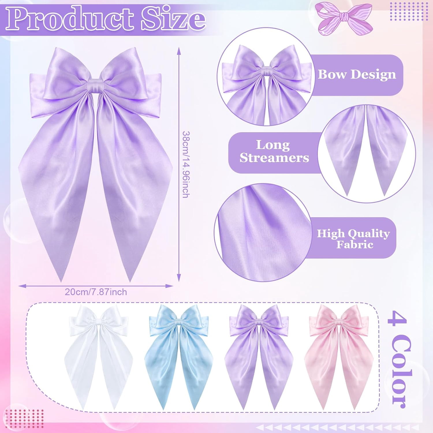 Satin Bow Hair Ribbon - Long Tail Bow Hair Clips in Pink, White, Blue, Purple