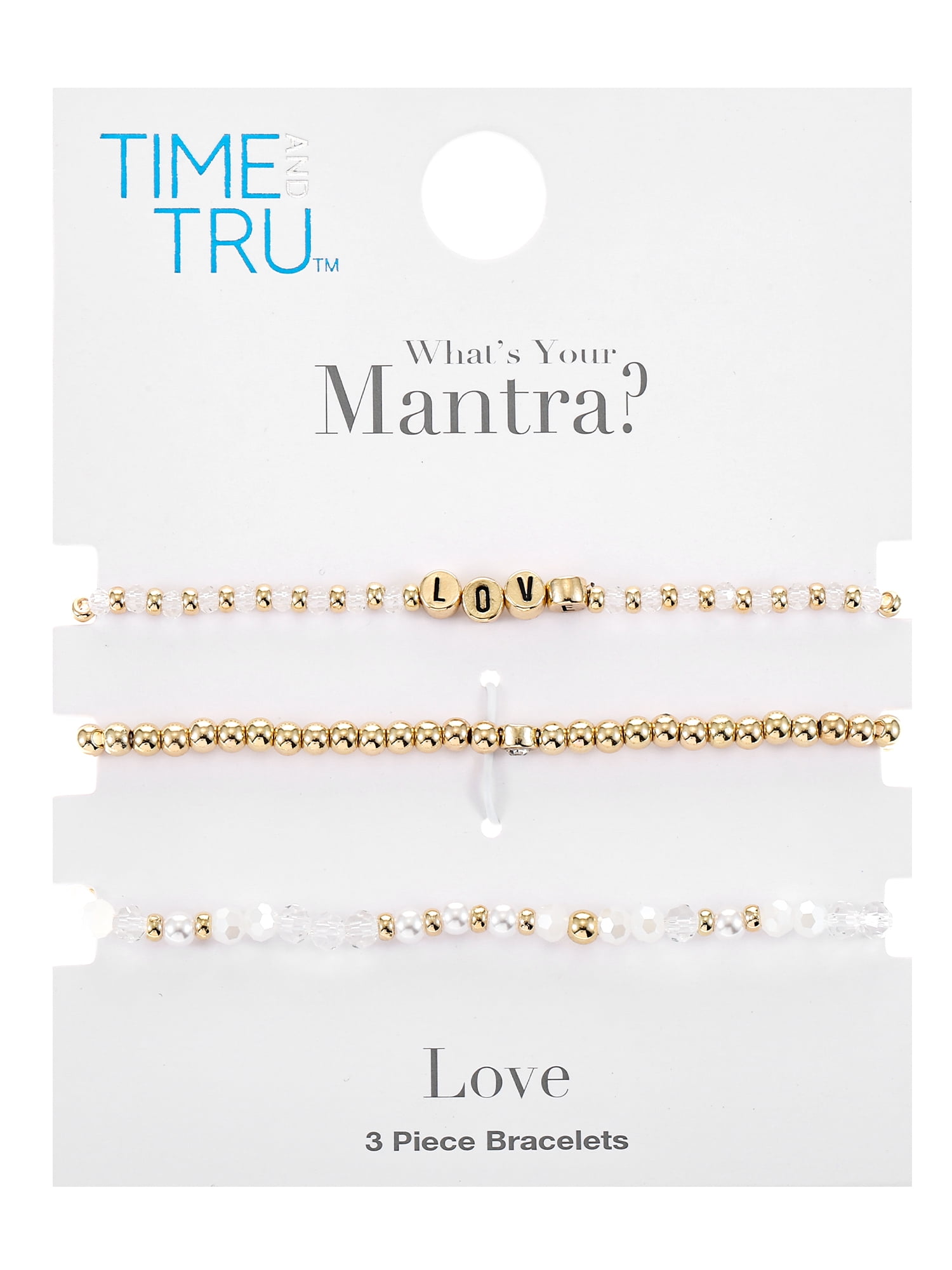 Time and Tru Goldtone Beaded Stretch Bracelets, Love Mantra, 3 Pieces, Female, White