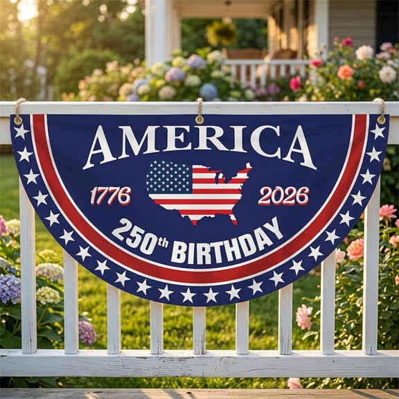 250 Year Anniversary Patriotic Fan Bunting Banner 1776–2026, USA Map Flag Design with Stars, Large Outdoor Decoration, Brass Grommets, 1 Pack