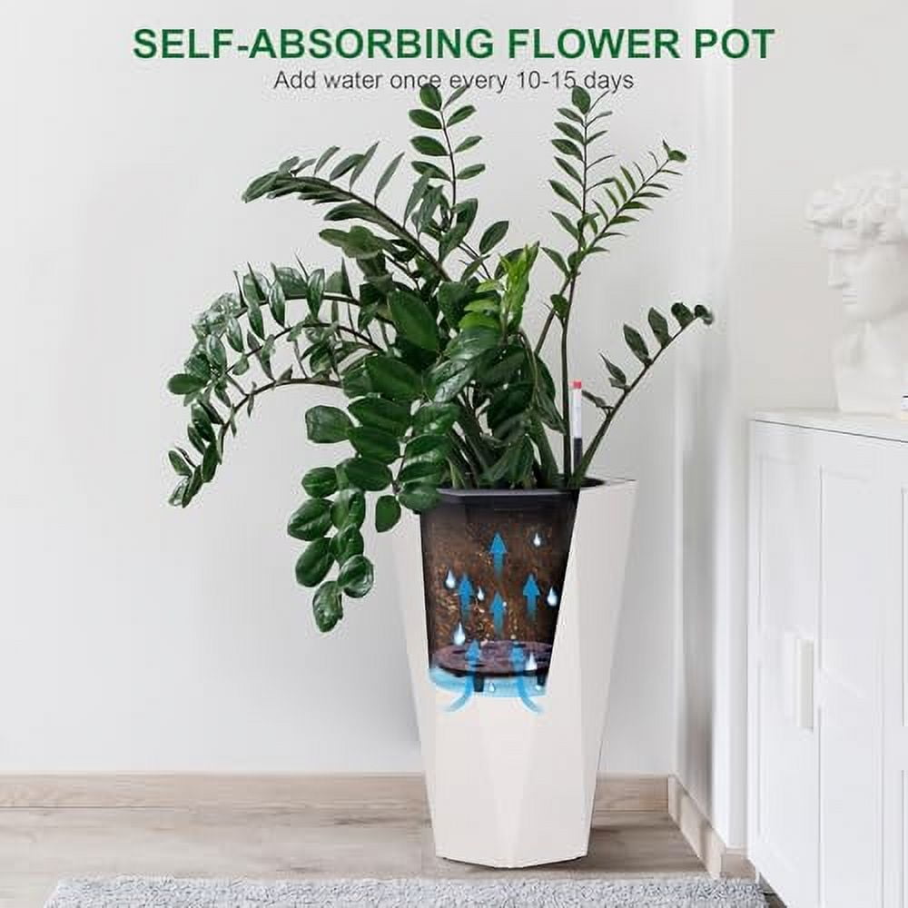 22.4 Inch Tall Planters Set of 2, Large Flower Pot Outdoor and Indoor, with 2 Trays and a Water Level Monitor and Wheels for Patio, Porch, Living Room, or Home Office