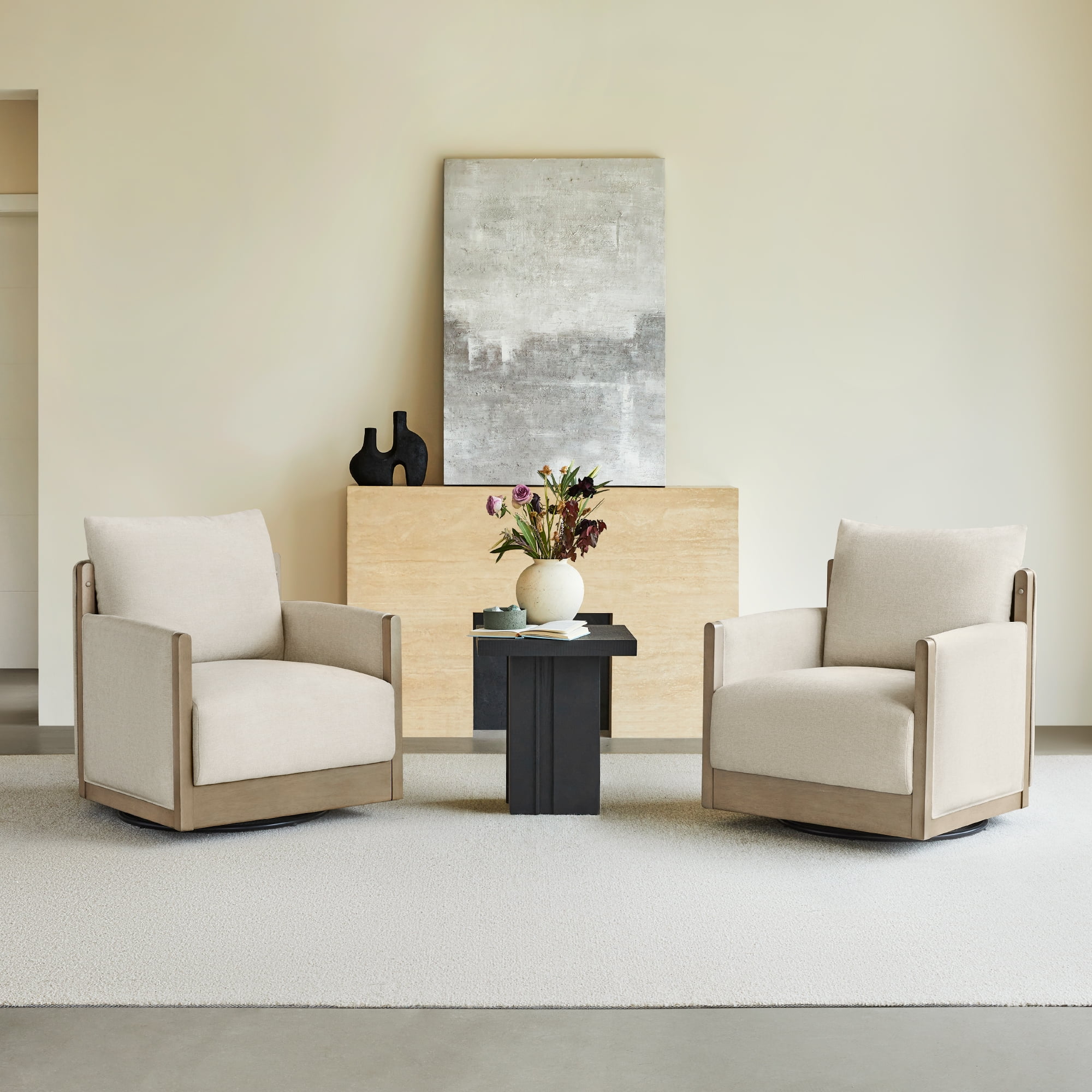 Spruce & Spring Mid-Century Modern Swivel Accent Chair with Curved Back and Upholstered Arms Single, Linen&Grey Wood