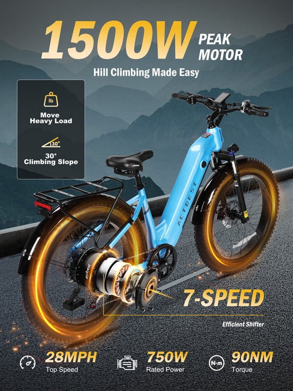 Electric Bike for Adults Peak 750W 20MPH Brushless Motor,48V Electric Mountain Bikes, 26"×4 Fat Tires Ebike,7 Speed (Blue)