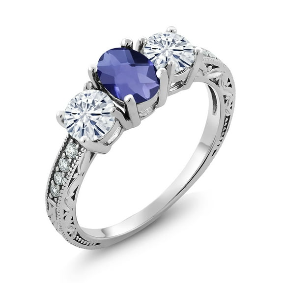 Gem Stone King 1.77 Cttw 7X5MM Oval Checkerboard Iolite and 5MM Round White Moissanite 3-Stone Engagement Ring for Women | 925 Sterling Silver (Size 5)