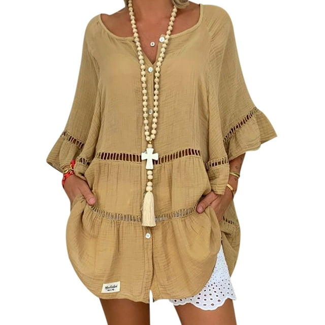 Hauts Décontractés Grande Taille pour Femmes Manches Évasées Blouse Plissée en Coton-Lin Tunique Boutonnée pour Femmes S-5TG