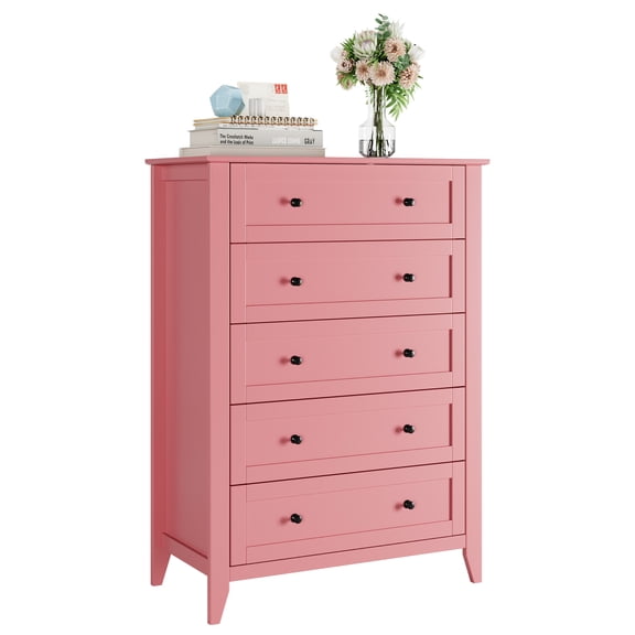 HELLONE 5 Drawer Wooden Dresser for Bedroom, Closet, Nursery, Entryway, Living Room, Pink