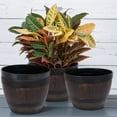 thumbnail image 6 of VECELO 4 Pack 11.3 inch Plant Pots, Whiskey Barrel Planters with Drainage Holes & Saucer, Plastic Imitation Wine Barrel Decoration Flower Pots, for Indoor & Outdoor Garden Home Plants, Brown, 6 of 10