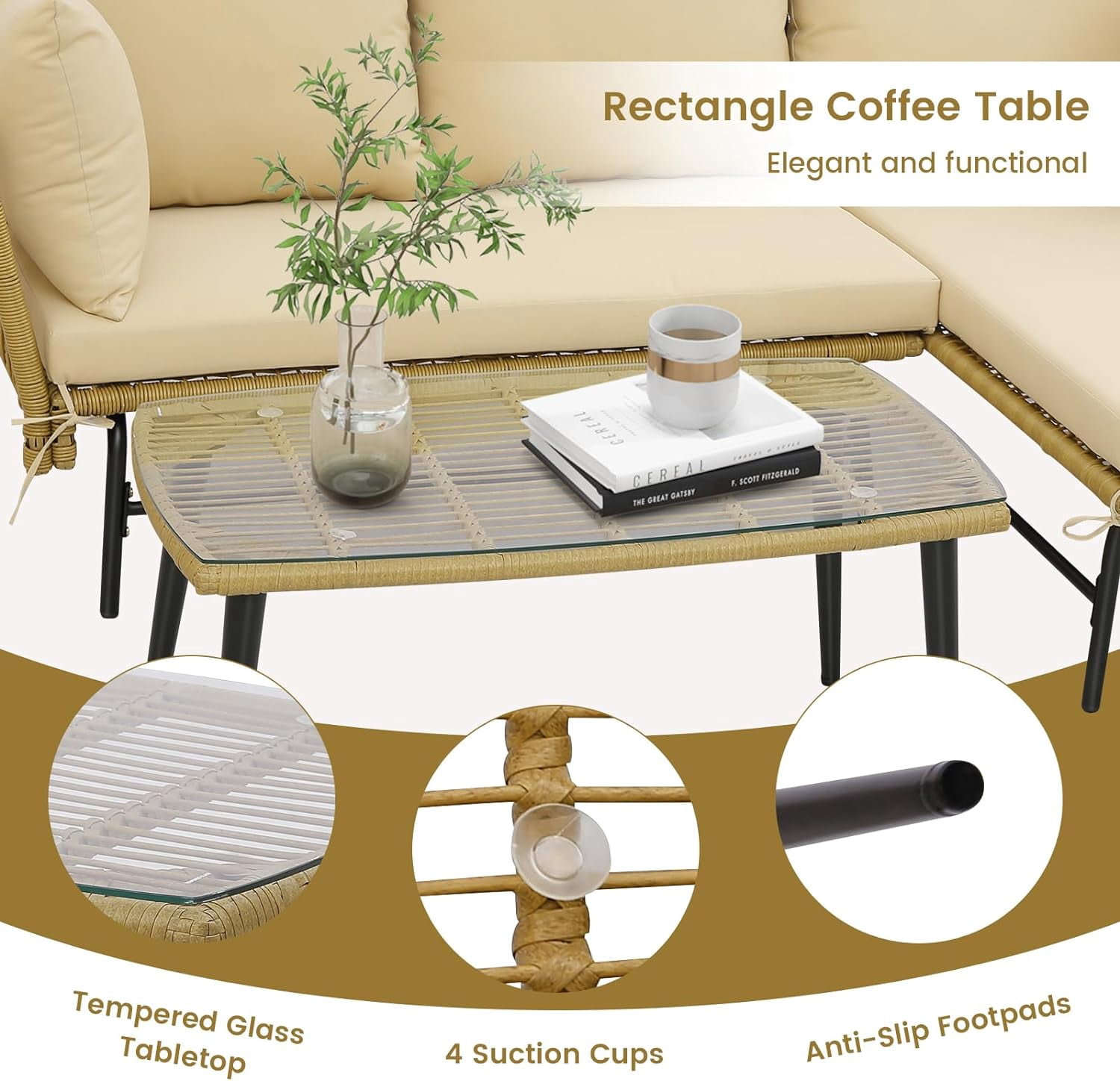 Set of 3 L-Shaped Patio PE Rattan Sofa Set Sectional Sofa Furniture Set with Cushions and Tempered Glass Table Beige