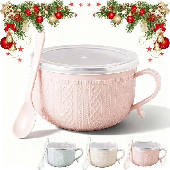 2026 New Set of (4) 25-Oz Mug Meals W/Lid-Its, 25 Oz Mug Meals with Lids, Christmas Mug Meals w Lid and Handles for Coffee, Soups, Stews, Ideal Gift Set (Pink)