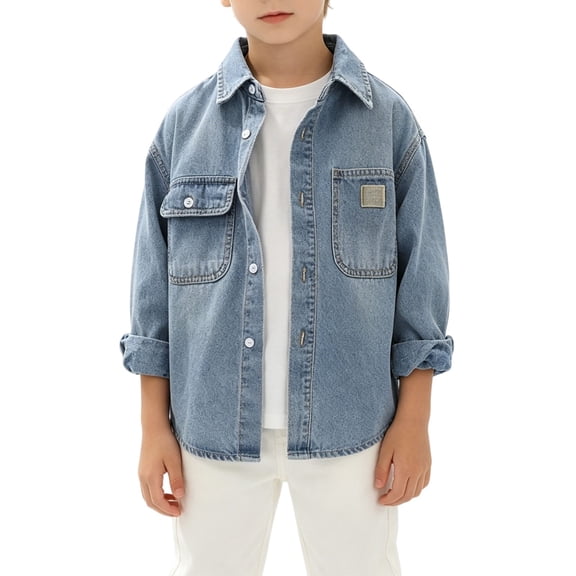 Boys Denim Jacket Classic Jean Outerwear for Kid Oversized Trucker Jacket Layering Cowboy Washed Long Sleeve Button down Coat
