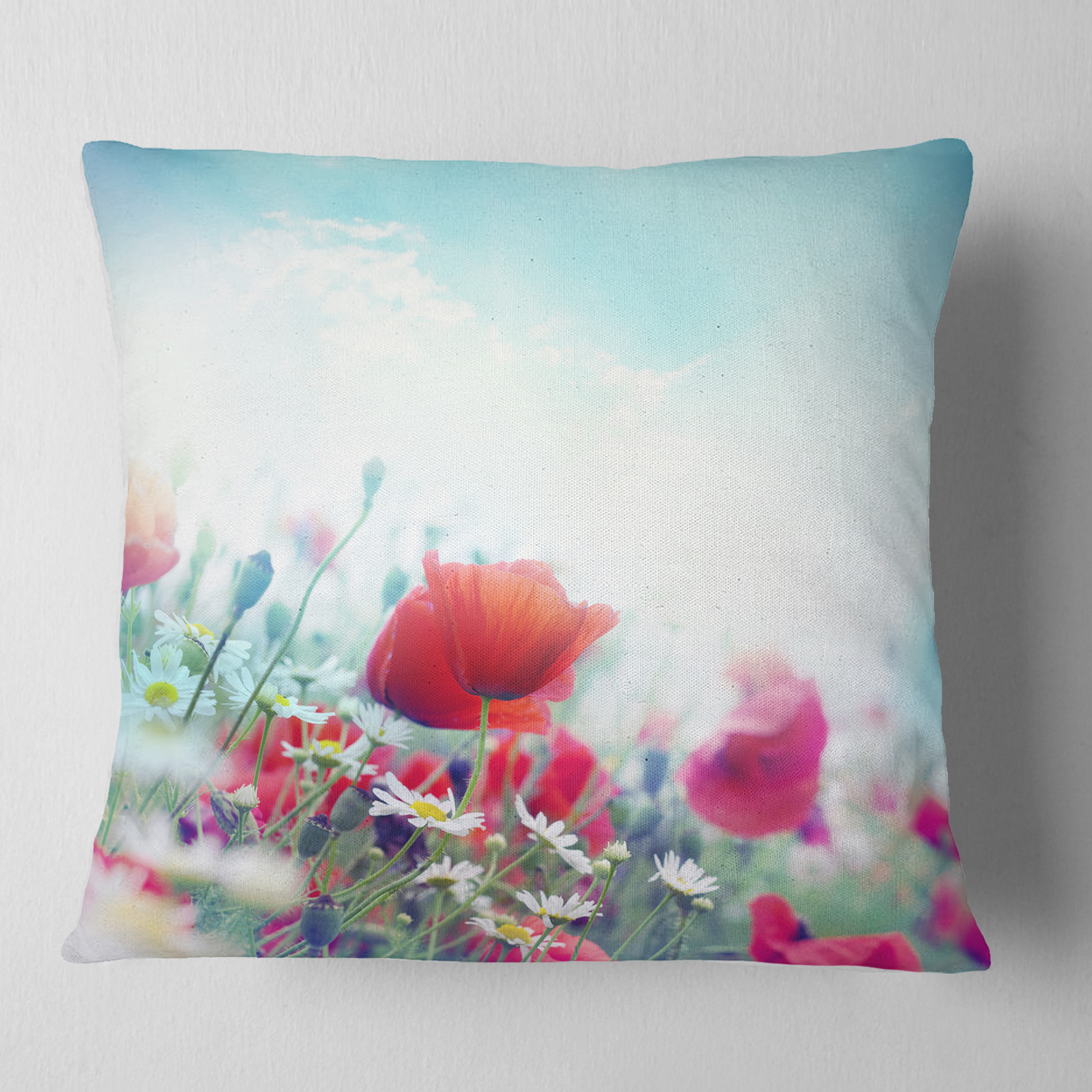 Designart Red Poppies on Blue Background - Floral Throw Pillow - 16x16