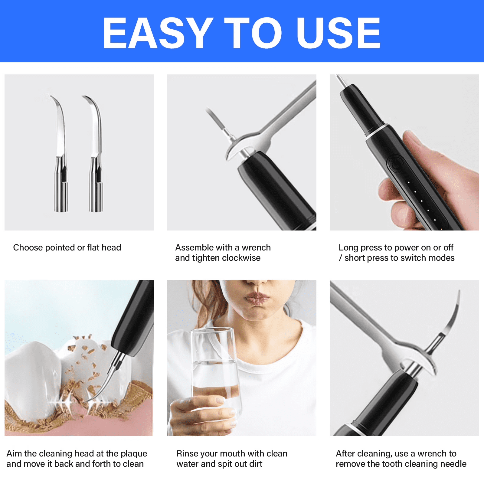 LC-dolida Ultrasonic Teeth Cleaning Kit, 5 Modes & Auto Pressure Sensing, IPX6 Waterproof Electric Tartar Remover with 4 Replaceable Heads, Type-C Fast Charging, Includes Dental Mirror Kit(Black)