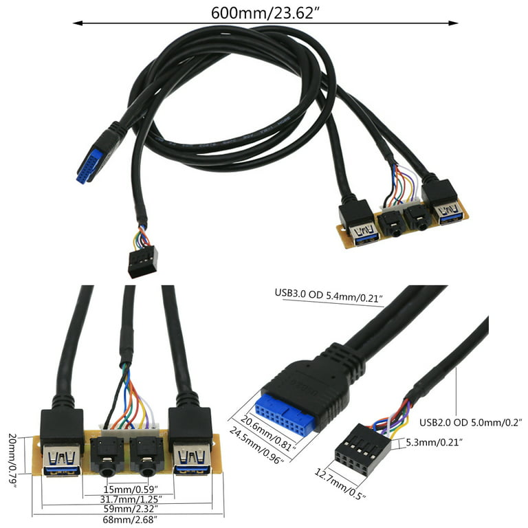 2 ports Usb 2.0 Boîtier d’ordinateur Panneau avant Prises audio Port Mic  Earphone Câble