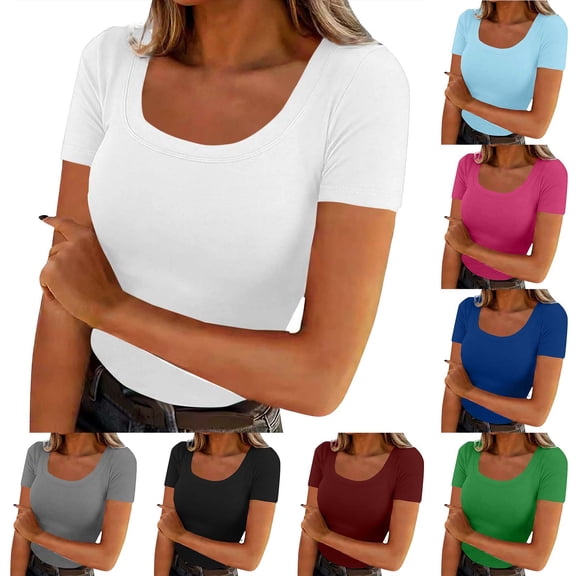 Horkkom Summer Tops for Women Trendy Short Sleeve Cropped Crop Tops Solid Color Slim Casual Cropped T Shirts L