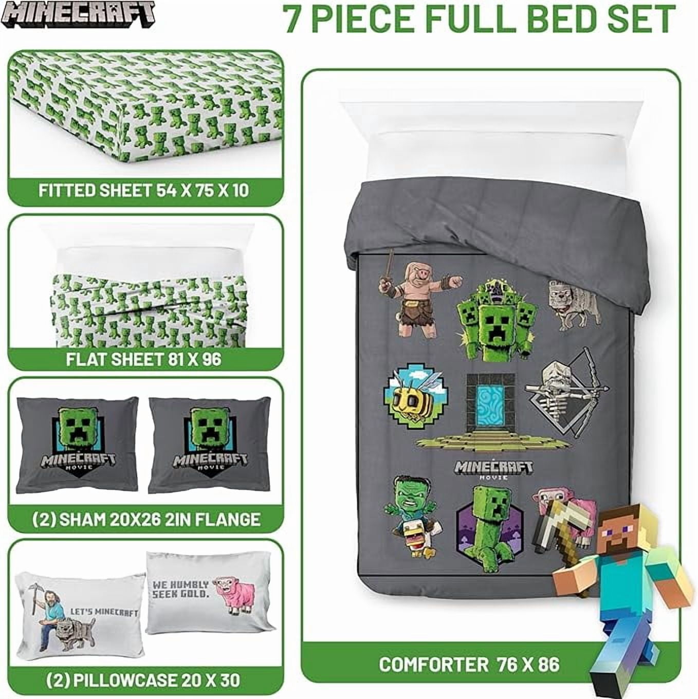 Minecraft Let's Minecraft 7 Piece Full Size Comforter Set with Shams - Kids & Teens Gaming Bedding