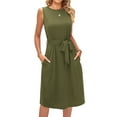 thumbnail image 4 of HUBERY Women Crewneck Sleeveless Tie Waist Pocket Split Hem Solid Color Midi Dress, 4 of 7