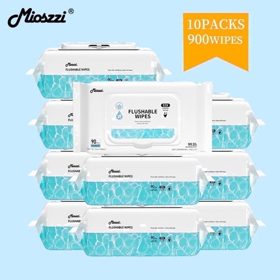 Mioszzi Flushable Cleansing Cloths, Aloe Vera Plant-Based Formula, Large Size, Septic Safe, 10-Pack, 900 Total Count