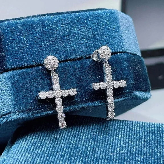 Cross Earrings 2.5Ct Lab-Created Diamond in 14K White Gold Plated