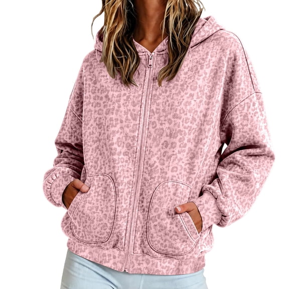 Arlun Cheetah Print Hoodies for Women Zip up Hooded Oversized Sweatshirts Vintage Y2k Leopard Print Long Sleeve Drop Shoulder Loose Sporty Jacket Fall Winter Clothes