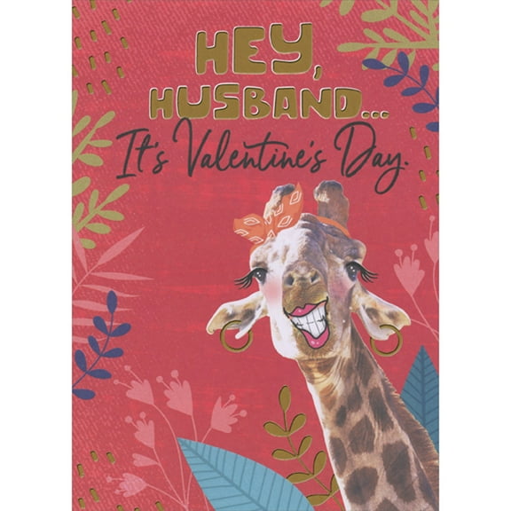 Designer Greetings Giraffe Wearing Pink Lipstick, Gold Foil Hoop Earrings and Orange Bow Funny / Humorous Valentine's Day Card for Husband with Interactive Sliding Image