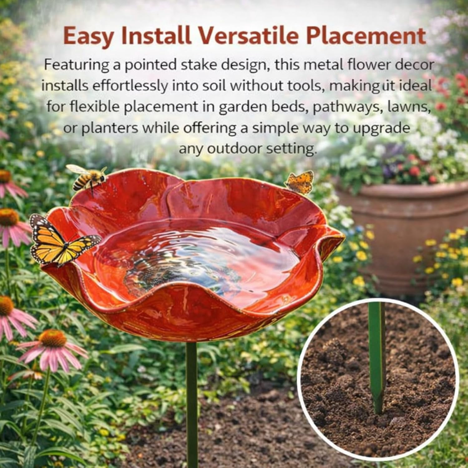 2026 New Metal Flower Garden Stakes Bird Bath,Upgraded Handmade Metal Flower Garden Stake with Bee Bath & Bird Water Bowl,Weather-Resistant Pollinator＆Mini Bird Bath (4pcs b)