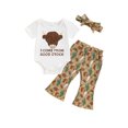 thumbnail image 2 of Aojekbee Baby Girl Western Outfits Short Sleeve Cow Print Romper with Flare Pants Headband Set Infant Clothes, 2 of 10