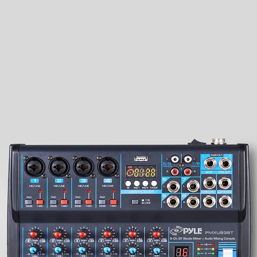 Pyle Professional Audio Mixer Sound Board Console Desk System Interface 8 Channel Digital USB Bluetooth MP3 Computer Input 48V Phantom Power Stereo DJ Studio FX 16Bit DSP Processor PMXU83BT, Black