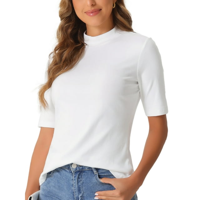INSPIRE CHIC Camisetas de Media Manga para Mujeres Top de Cuello Alto Blusas Casual Sólidas Elásticas Suaves Tops de Longitud de Codo L Blanco