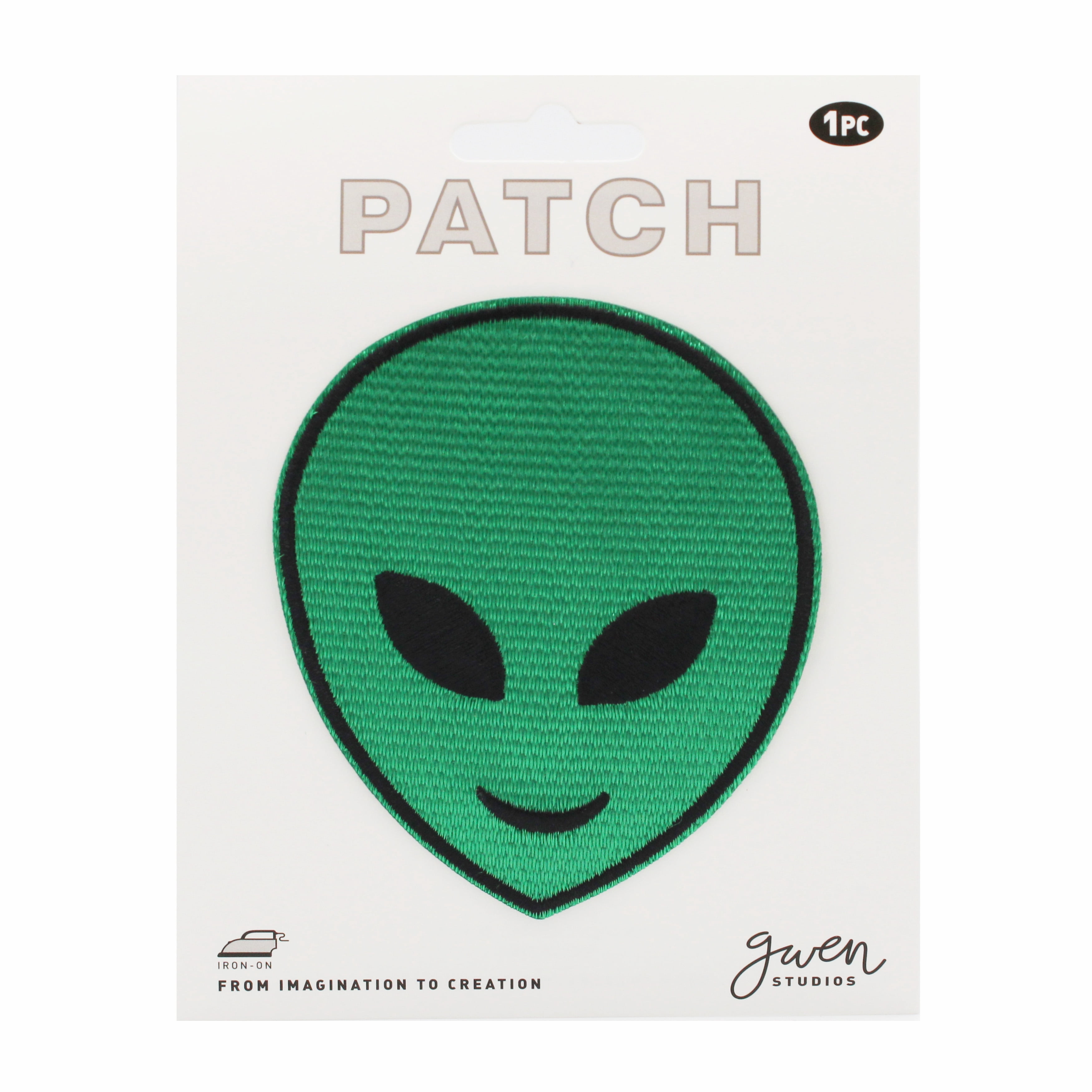 (2 pack) Gwen Studios Embroidered Green Alien Face Iron-on Patch Applique, 3.8" x 3.3"