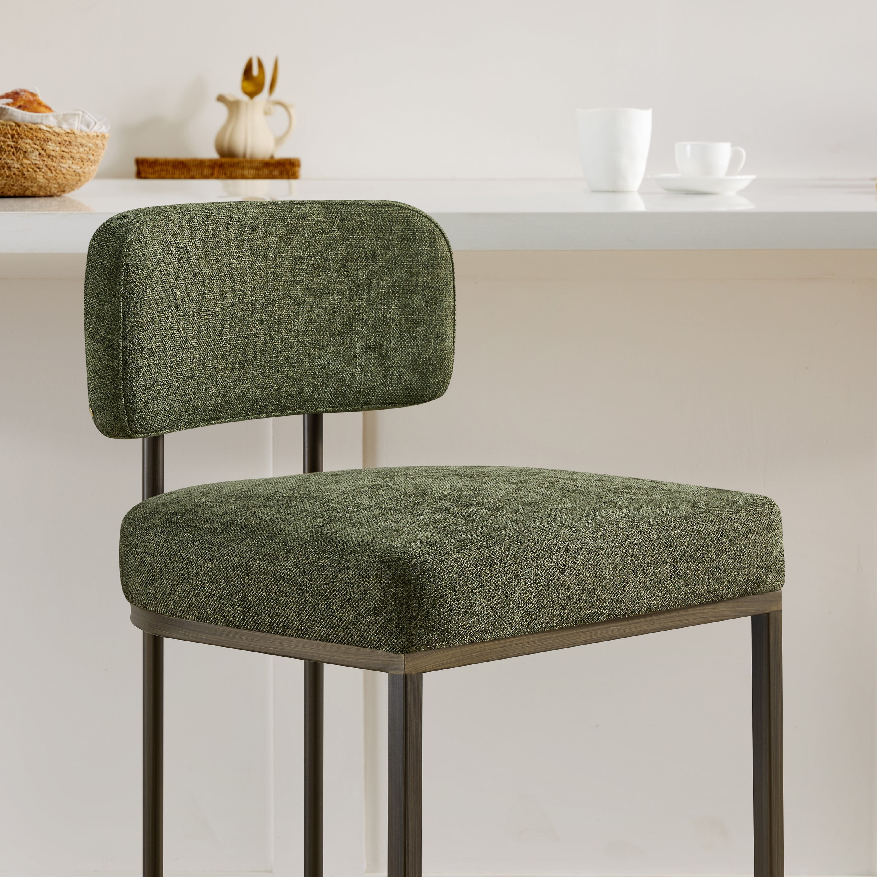 Spruce & Spring Modern 26-Inch Counter Height Bar Stool Set with Brass Frame, Set of 2, Moss Green Fabric