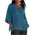 thumbnail image 6 of SEAOPEN Womens Cotton Linen Summer Tops 3/4 Length Sleeve Tunic Blouses Gauze Boho Shirts Trendy Loose Fit Clothing 2024 Blue,XXXXL, 6 of 6