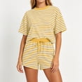 thumbnail image 2 of KIHOUT Women's Striped 2 Piece Outfit Short Sleeve Crew Neck Top and Drawstring Waist Shorts Set Casual Summer Tracksuit Loose Fit Stretchy Pajama Sets for Women Daily Wear Vacation, 2 of 6