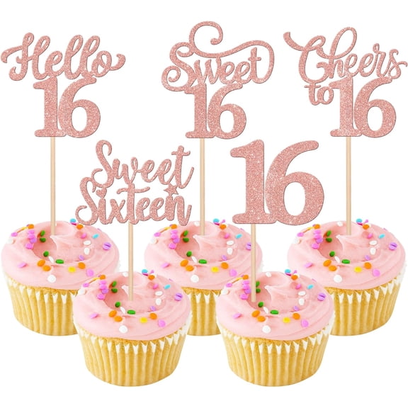 Sweet 16 Cupcake Toppers - Rose Gold Glitter Hello 16 Cheers to 16 Sweet Sixteen Cupcake Picks for 16th Birthday Party Decorations, Pack of 10