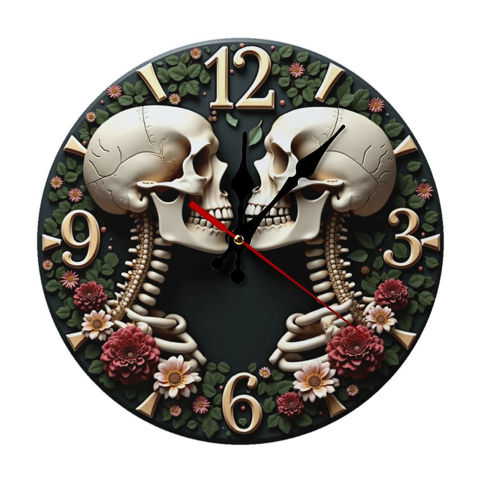 Skeleton Skull Bones Wall Clock 10 Inch Silent Non Ticking Round Wooden Clock Decoration for Living Room Kitchen Bedroom Bathroom Office Classroom