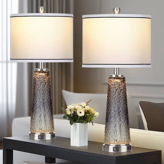 Cinkeda 26" Grey Glass Table Lamps Set of 2, 2-Level Rotary Switch Bedside Nightstand Lamps with USB & Type-C Ports & Night Light for Living Room