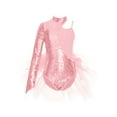 thumbnail image 3 of TTAO Robe Justaucorps à Sequins et Plumes pour Filles, une Épaule, Manches Longues, Rose 10, 3 of 8