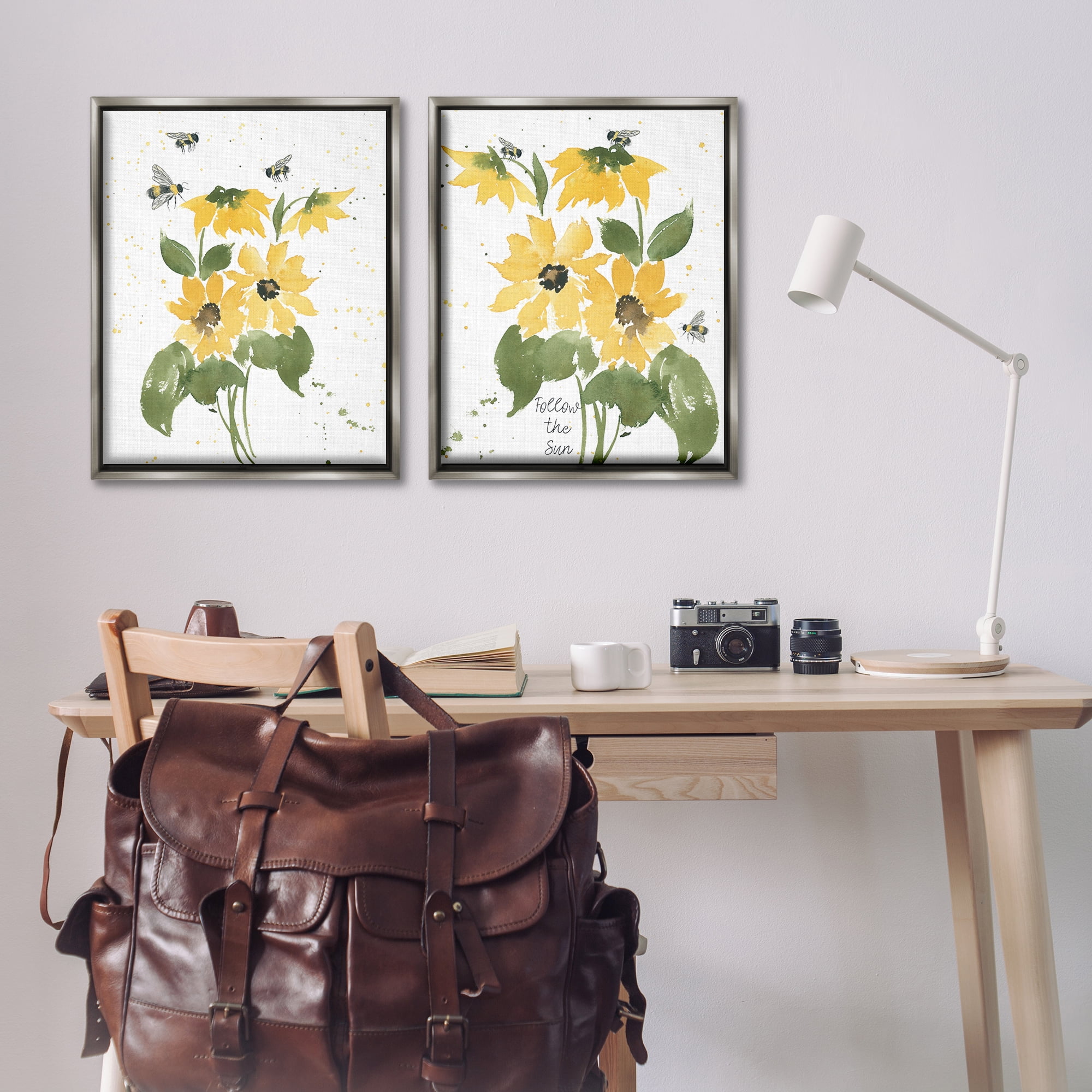 Stupell Industries Follow the Sun Flowers Plants & Flowers Painting Gray Floater Framed Canvas Art Print Wall Art, 31 x 25, Set of 2