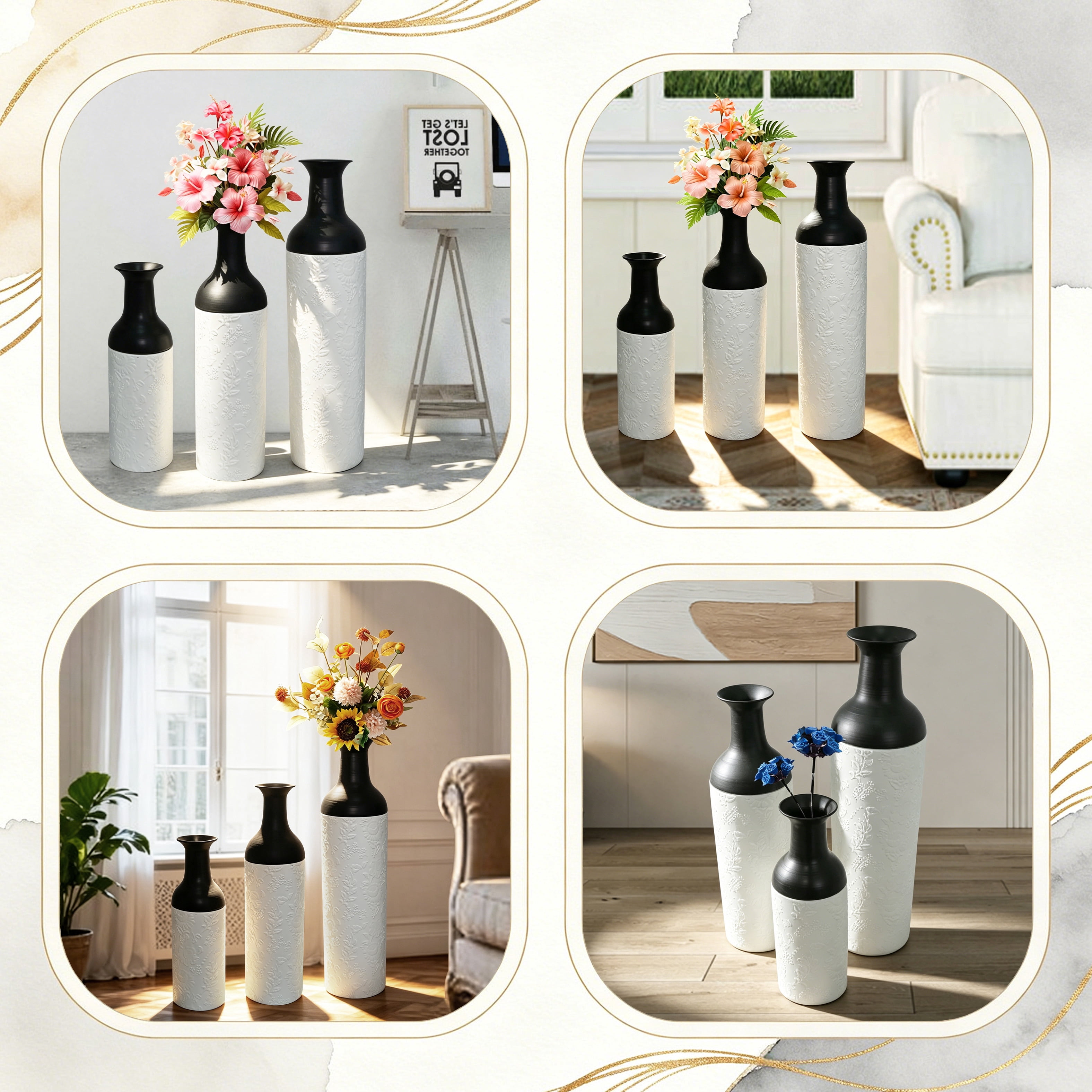 Metal Floor Vases Set of 3 with Leaf Pattern, Tall Decorative Vases and Home Decor Accents for Living Room Entryway, White and Black