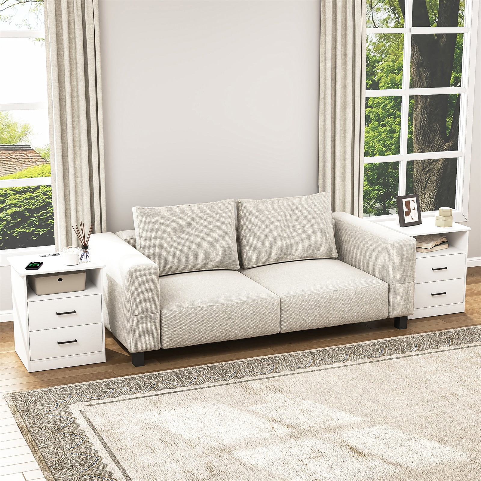 Hommoo 2 Drawer Nightstand Set with Open Storage, Bedside Tables with USB, White