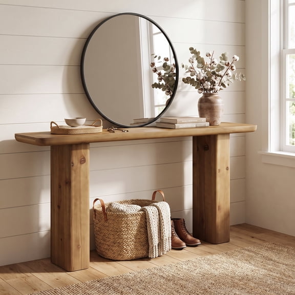 Fnova 63" Solid Wood Farmhouse Console Table, Rustic Entryway Table with Anti-Tip Design, Narrow Long Sofa Table for Living Room, Hallway, Foyer