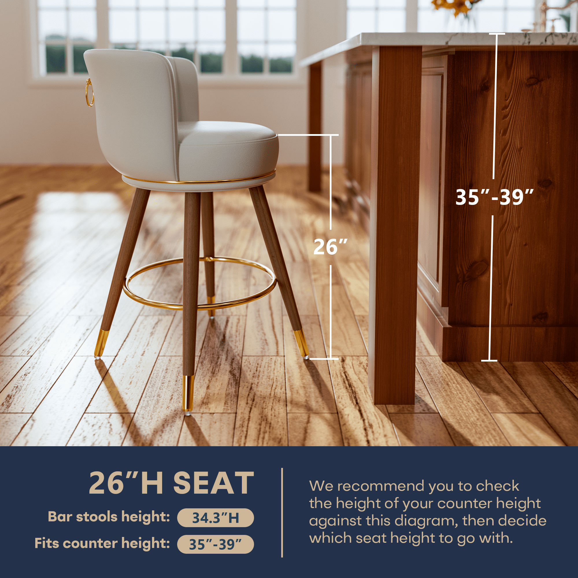 Genpo Counter Height Bar Stools, Round Seat Swivel Bar Stool Set of 4, 26 inch Low Back Leather Bar Chair with Wood Leg for Kitchen Island 300lbs, Beige