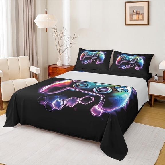 Homewish Watercolor Gamepad Boys Twin Sheet Sets, Neon Futuristic Honeycomb Twin Fitted Sheet, Video Game Controller Flat Sheet, Ultra Soft Bedroom Decor, 3 Pieces