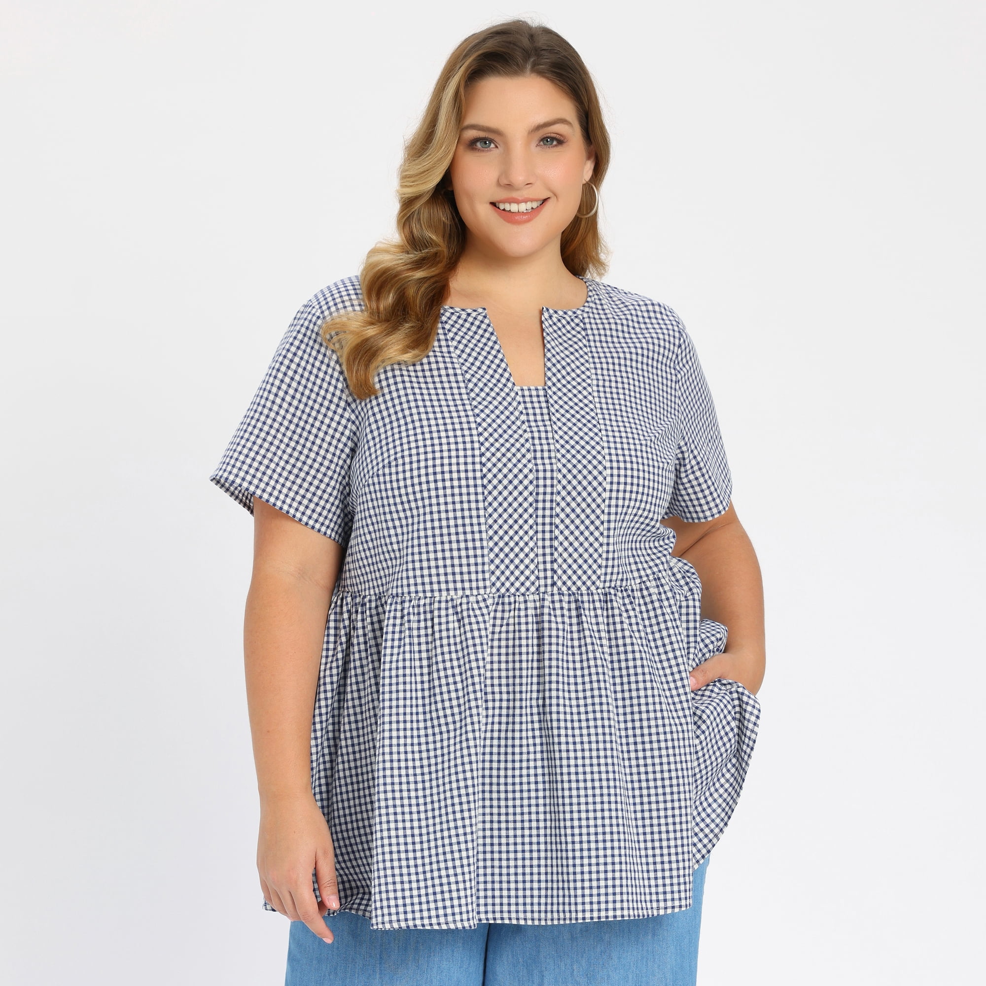 DARING DIVA Women's Plus Gingham Tops Plaid Notch Neck Blouse 4X Navy Blue