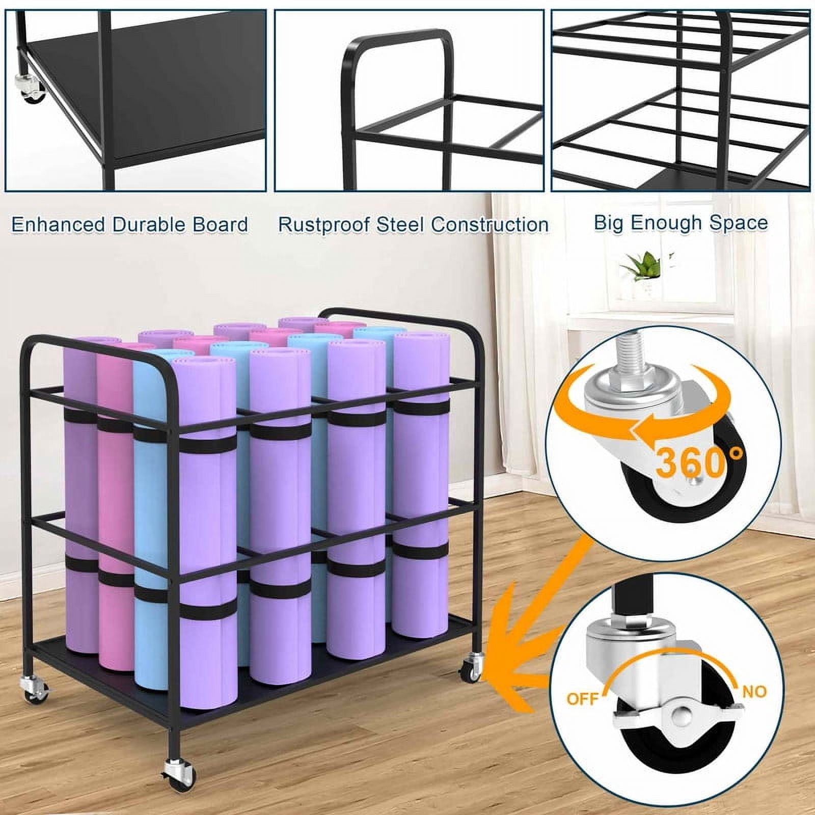 MOUMISS Yoga Mat Storage Rack with Wheels Yoga Mat Holder Home Gym Storage Rack for Foam Roller Dumbbell Kettlebells