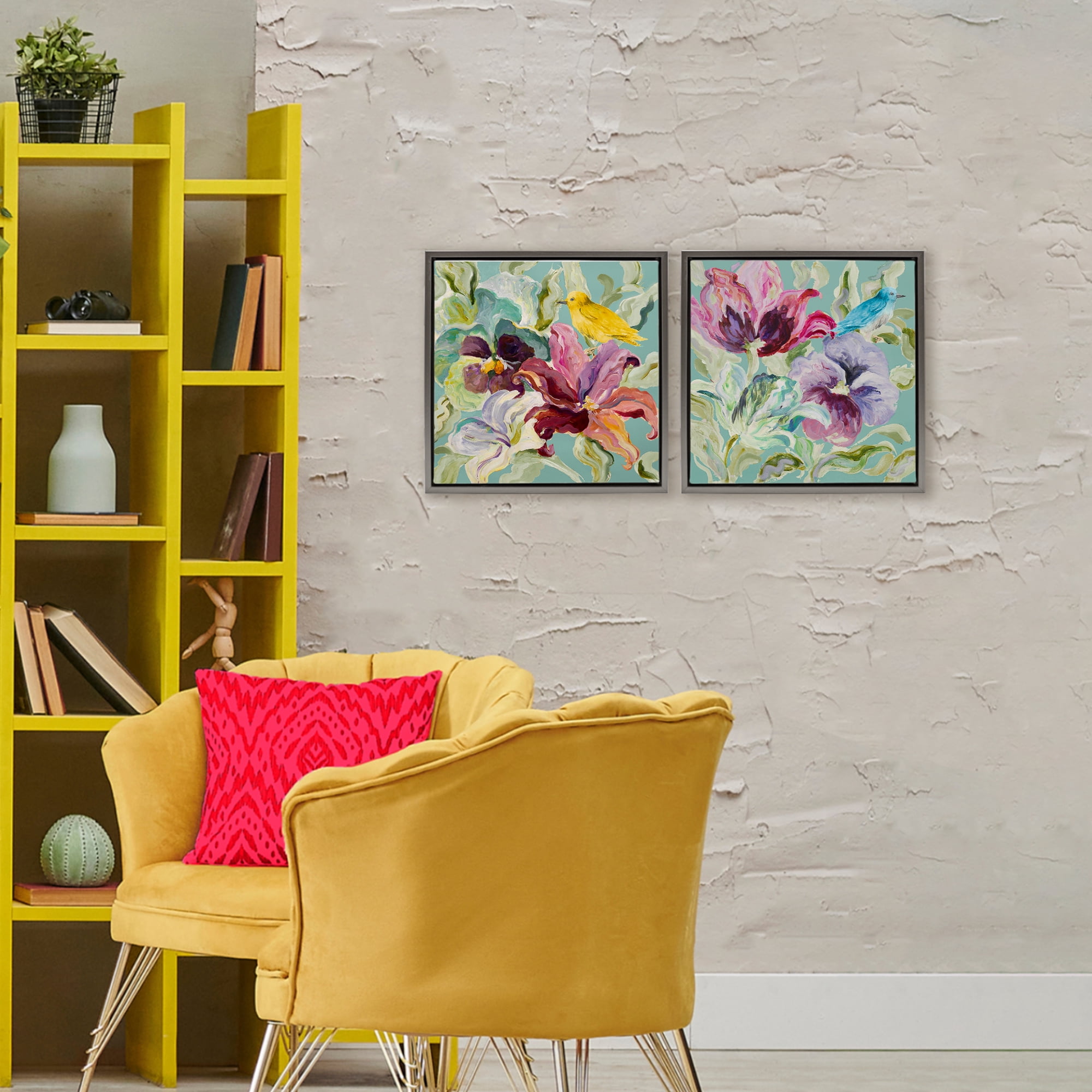 Stupell Industries Lyrical Garden Canaries 2 Piece Gray Framed Floater Canvas Set, design by Lanie Loreth