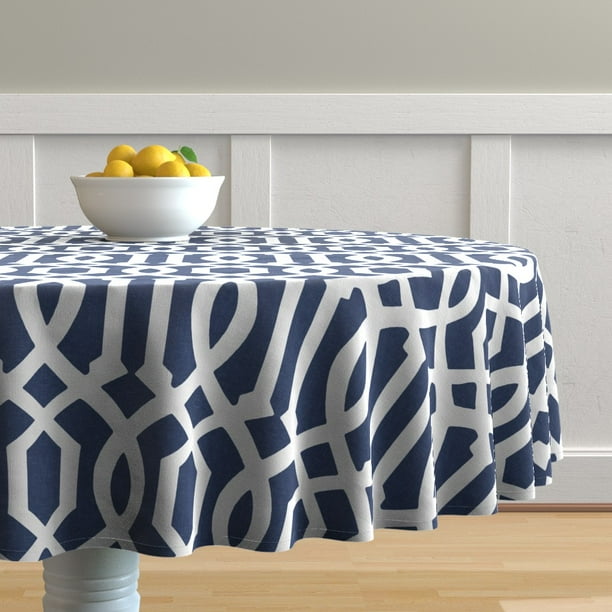 Round Tablecloth Imperial Navy Blue White Trellis Lattice Classic Cotton Sateen Com Round Tablecloth Imperial Navy Blue, Navy Blue And White Round Tablecloth