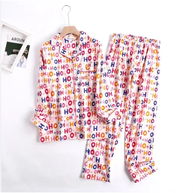 Pyjama en Flanelle de Coton pour la Maison Imprimé Simple Ample Automne et Hiver Manches Longues Ensemble de Pyjamas pour Femmes tzw