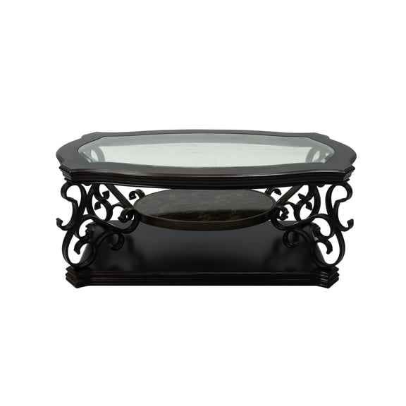 Astounding Cocktail Table With Glass, & Metal Wonder In Dark Brown, Glass Top Shelving,