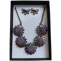 K&M Jewelry Box Set: Crystal Flower Necklace with Butterfly Rhinestone Earrings