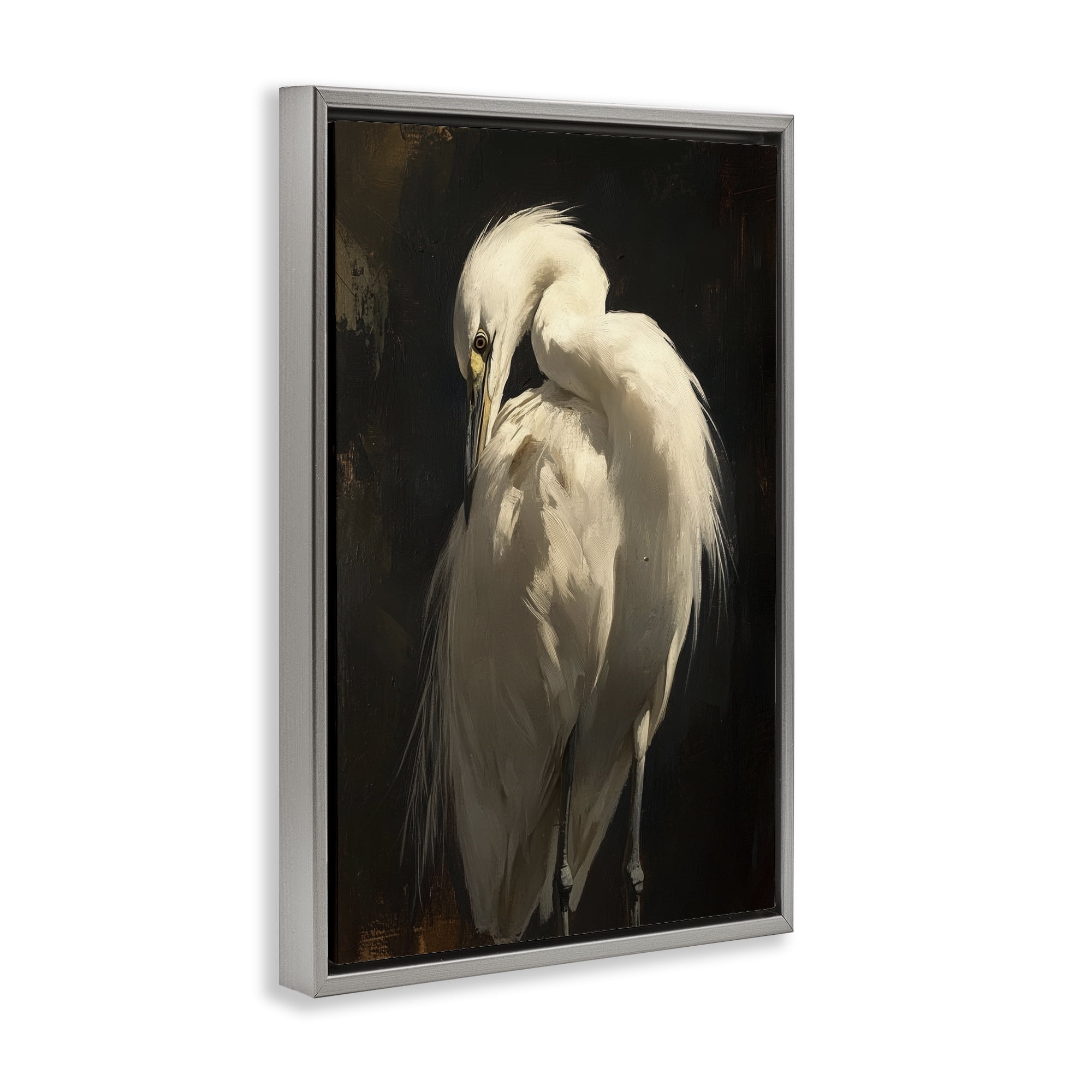 Stupell Industries Feathered Egret in Soft Light Gray Framed Floater Canvas Wall Art, design by Petal Prints Design
