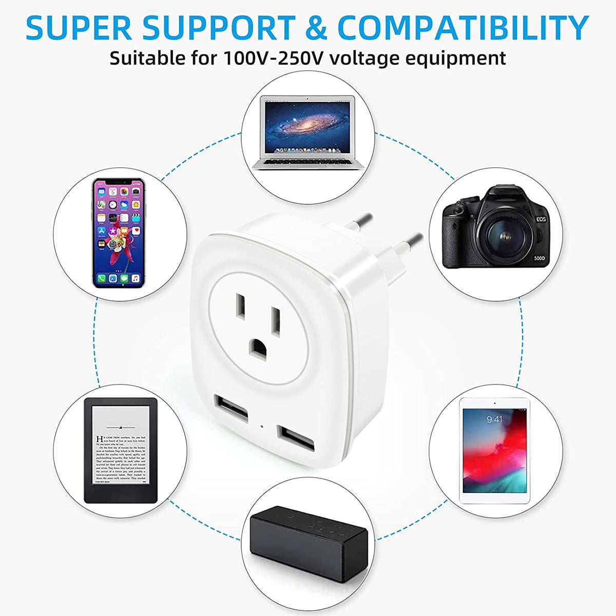 European Travel Plug Adapter with 2 USB,Conversion Plug for US to Most of Europe Italy Spain 